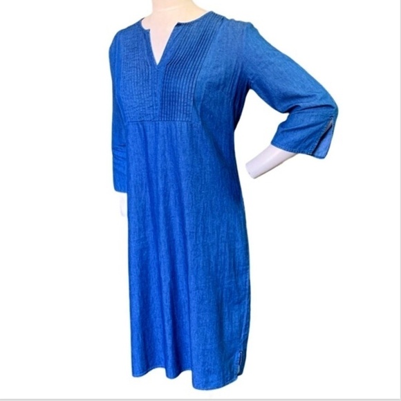 Reba Blue 100% Cotton Chambray Shift  Dress Sz S Pleated Bodice V-Neck #257A - Picture 2 of 5